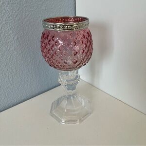 Elegant Pink and Silver Candle Holder with Textured Glass
